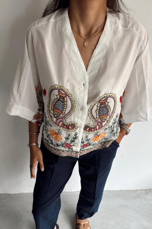Oversized Butterfly White Embroidered Blouse