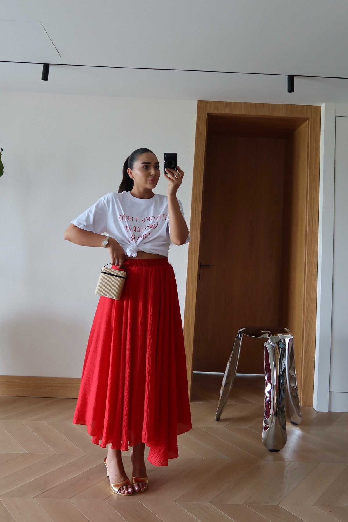 Red Asymmetrical Crinkled Chiffon Skirt