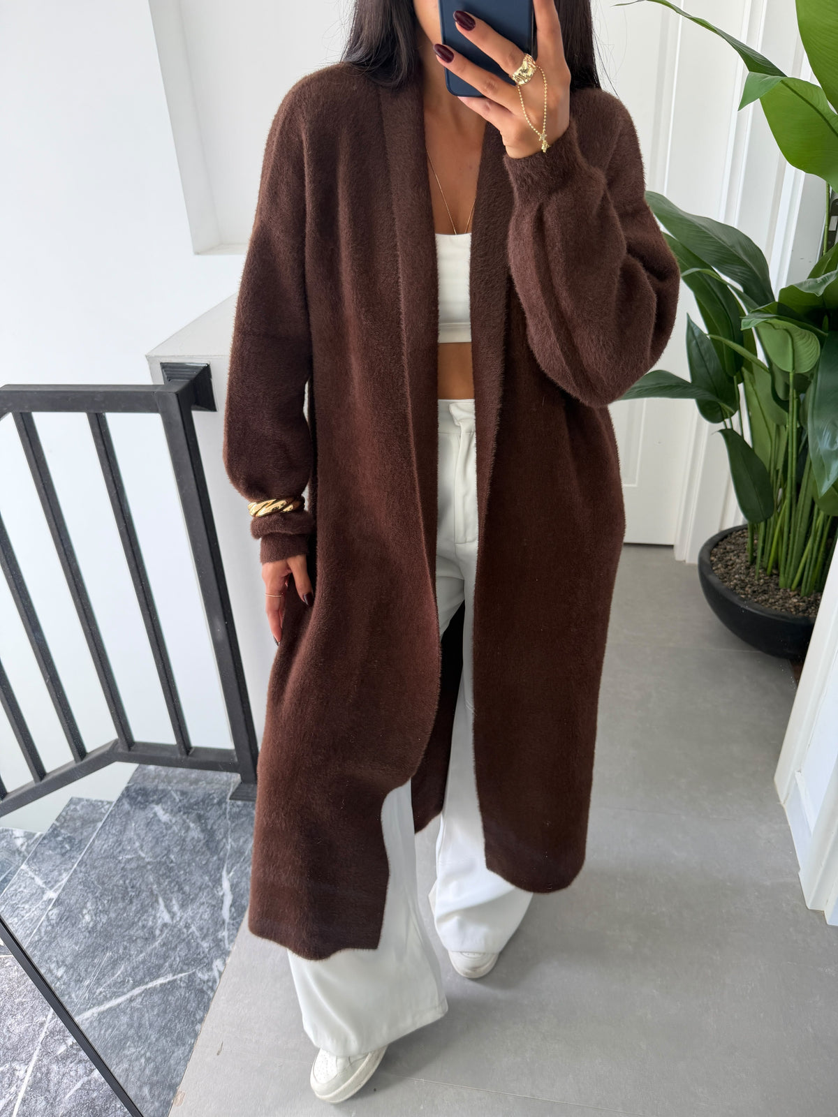 Brown Fluffy Heavy Longline Coat Cardigan