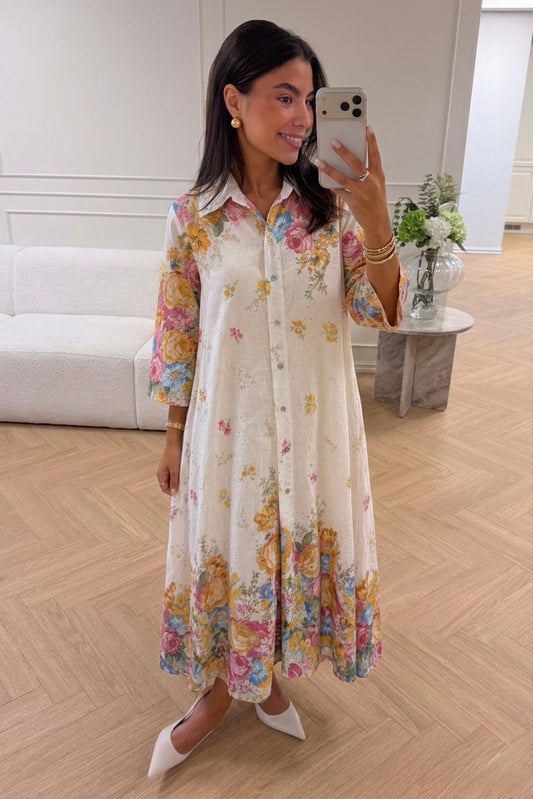 Italian Linen Cut Out Pink Floral Dress