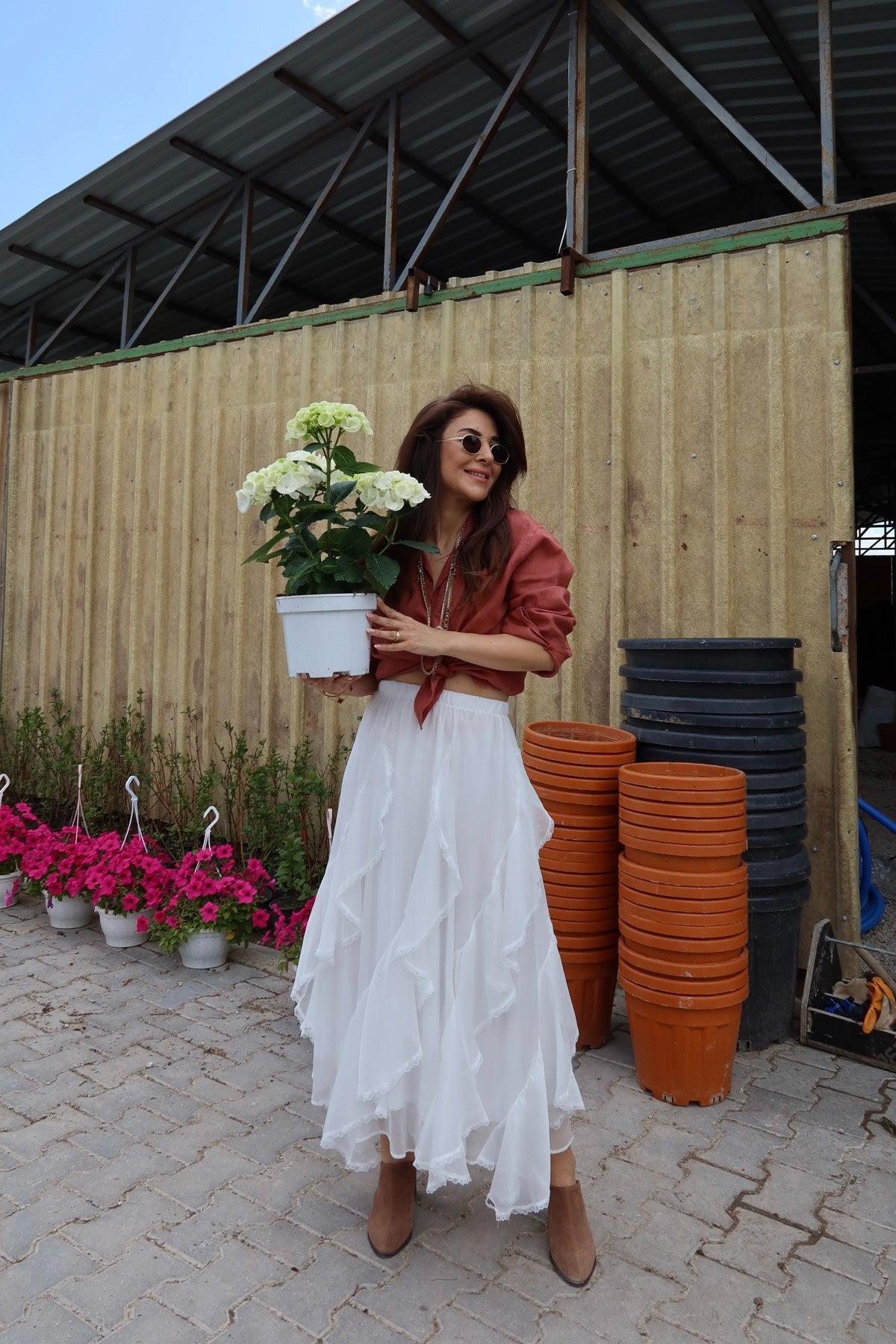 White Asymmetrical Ruffles Chiffon Skirt