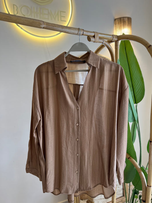 Camel Striped Oversized V Neck Shirt