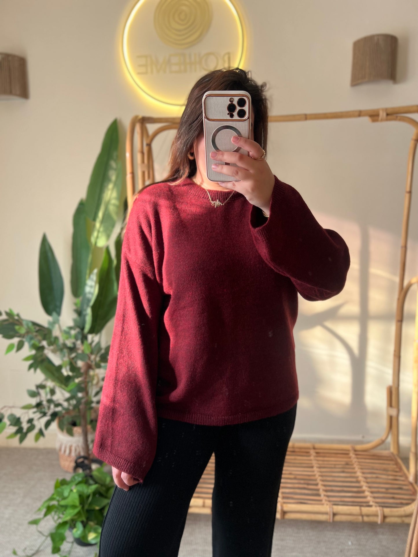Maroon Round Neck Pullover With Bell Sleeves