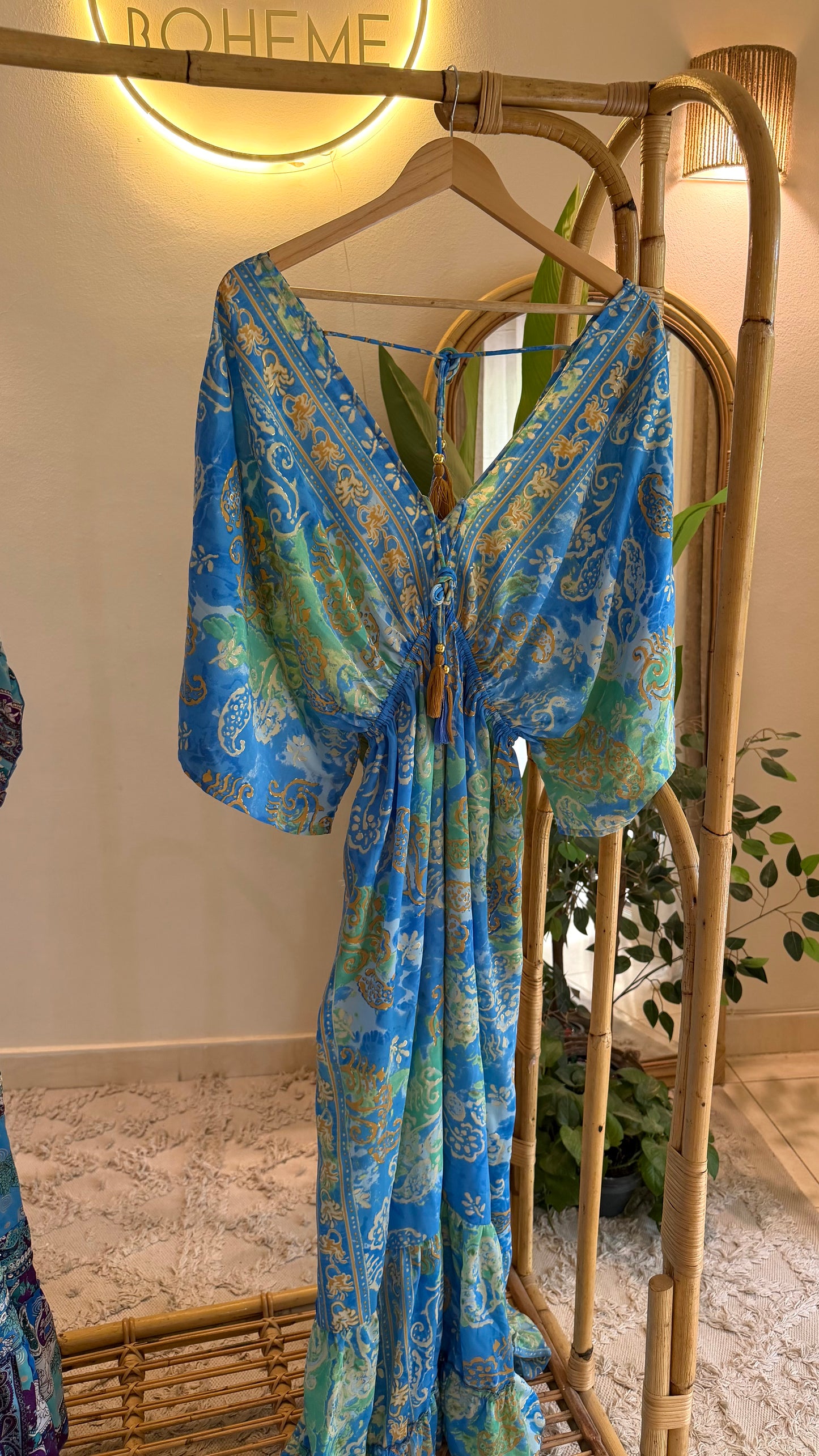 The Italian Blue Green Paisly Dress With Embroiderey & Tassels