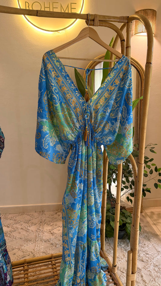 The Italian Blue Green Paisly Dress With Embroiderey & Tassels