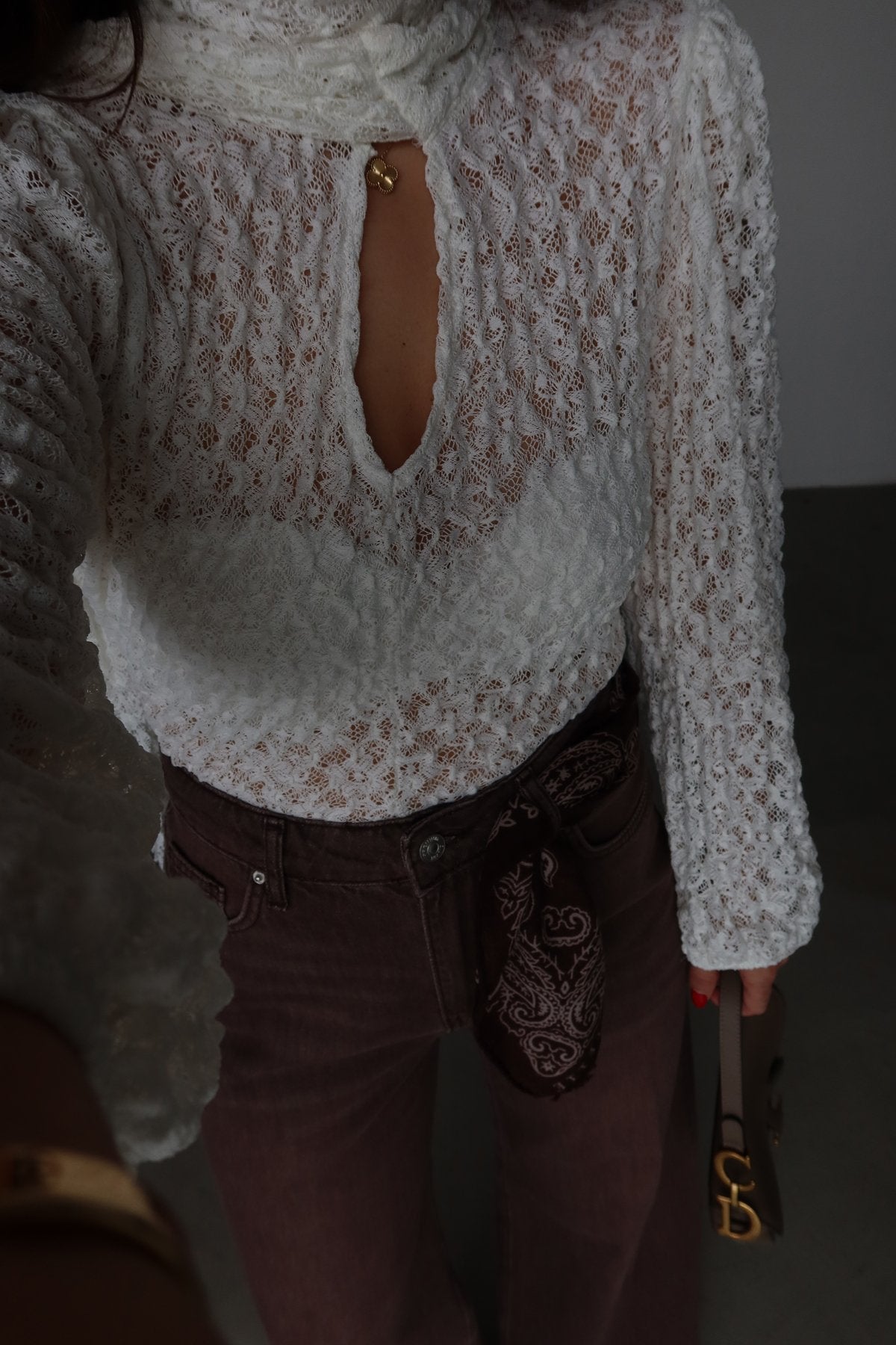 Off White Lace Blouse With Front Ties