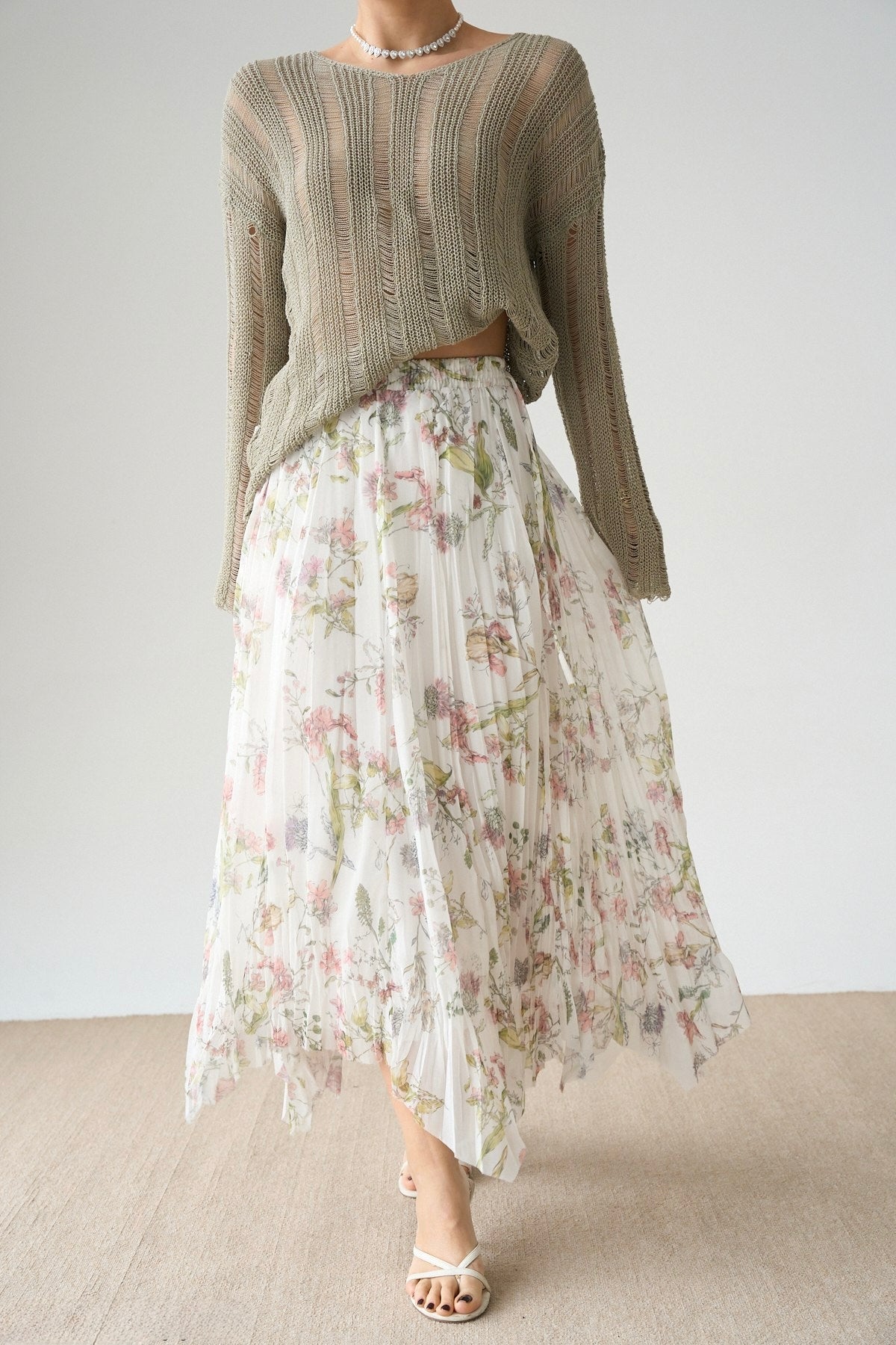 Floral White Asymmetrical Chiffon Skirt
