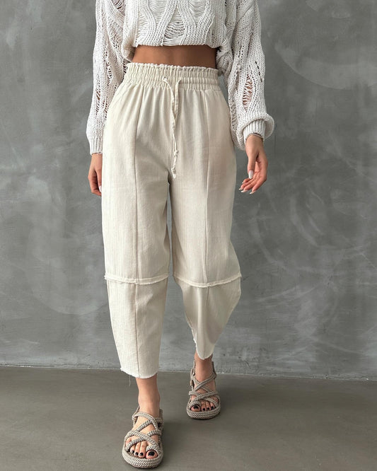 Linen Beige Elastic Waist Pants