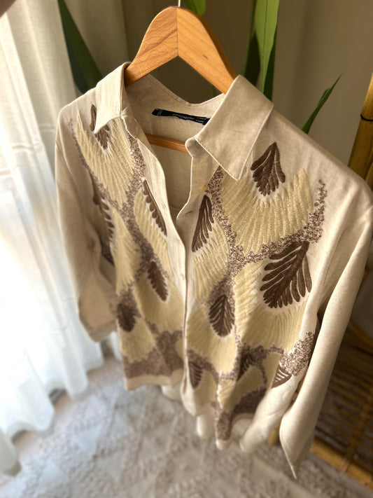 Beige Embroidered Leaves Linen Shirt