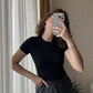 OYS Black Cotton Round Neck Basic Top
