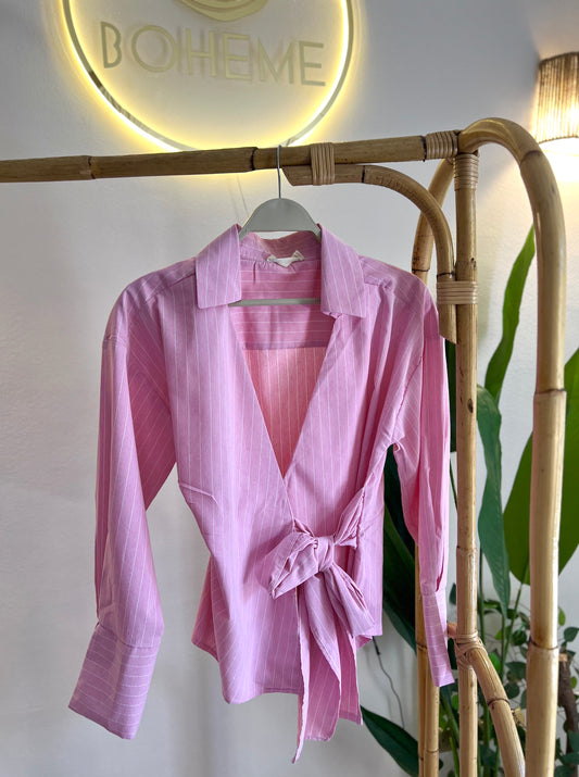 Striped Pink Tie Shirt With Side Belt (Petite Size)