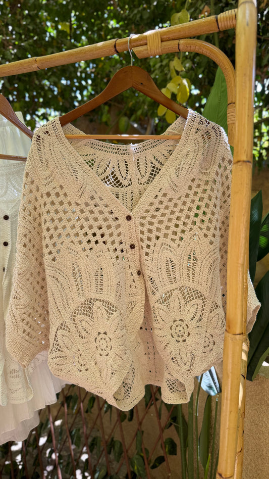 Beige Crochet Top With Buttons