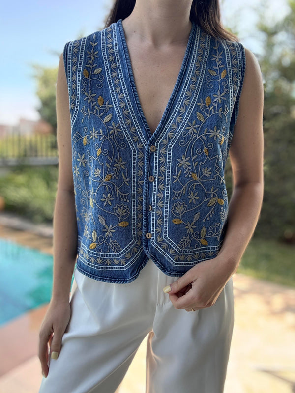 Dark Blue Denim Embroidered Vest