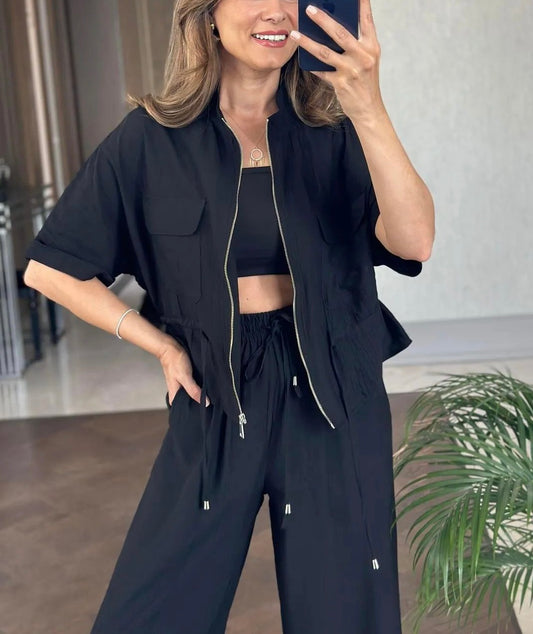 Black Zipped Jacket Crinkled Set
