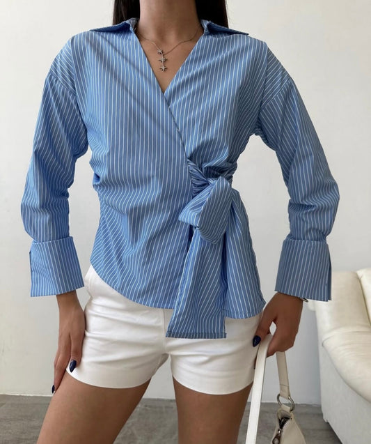Striped Blue Tie Shirt With Side Belt (Petite Size)