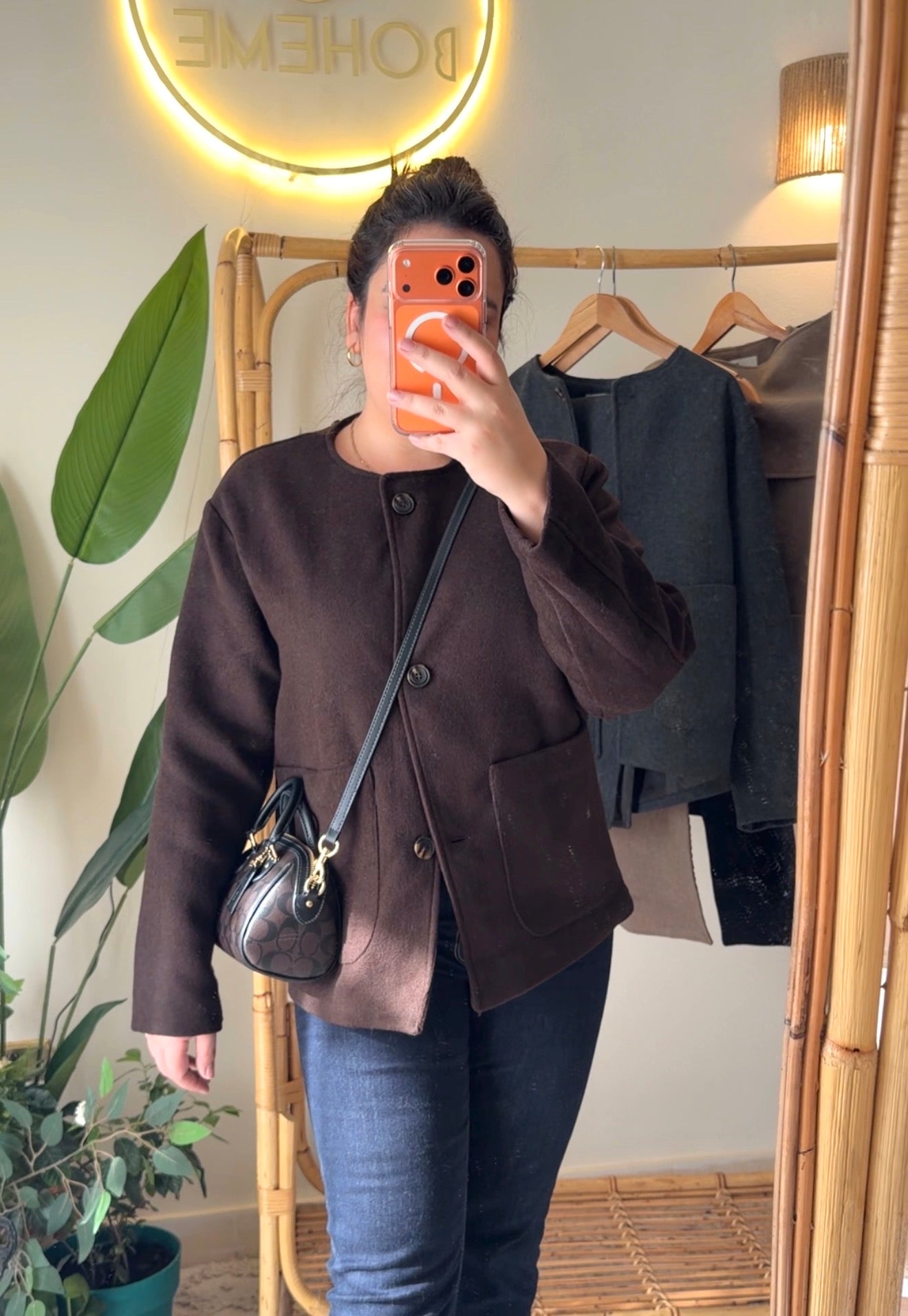 Brown Wool Jacket With Pockets & Detachable Scarf