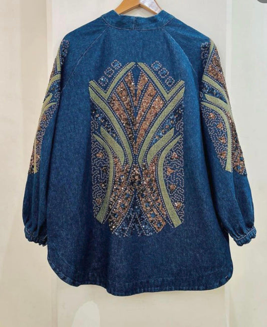 Dark Blue Denim Embroidered Sequin Kimono