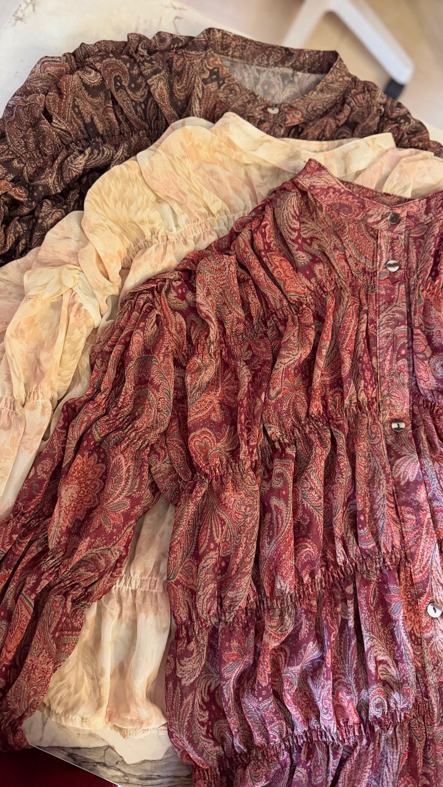 Beige Smocked Chiffon Vintage Blouse