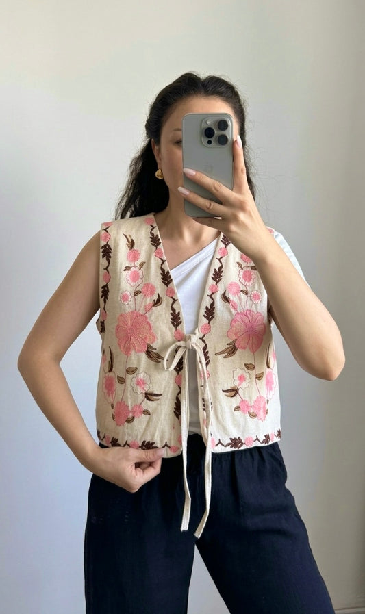 Linen Floral Pink Embroidered Vest