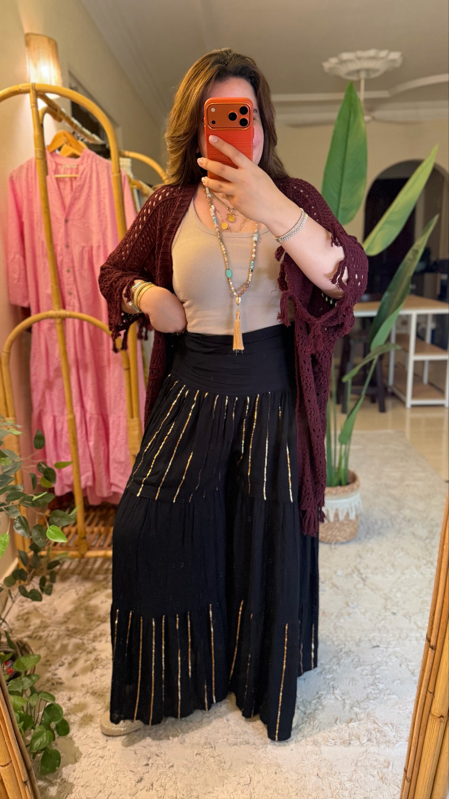 Black Cotton Golden Threads Skirt Pants
