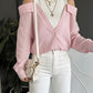 Off Shoulder Striped Pink Shirt With White Top