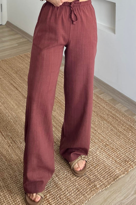 Redwood Stripy Linen Straight Leg Pants With Elastic Waist