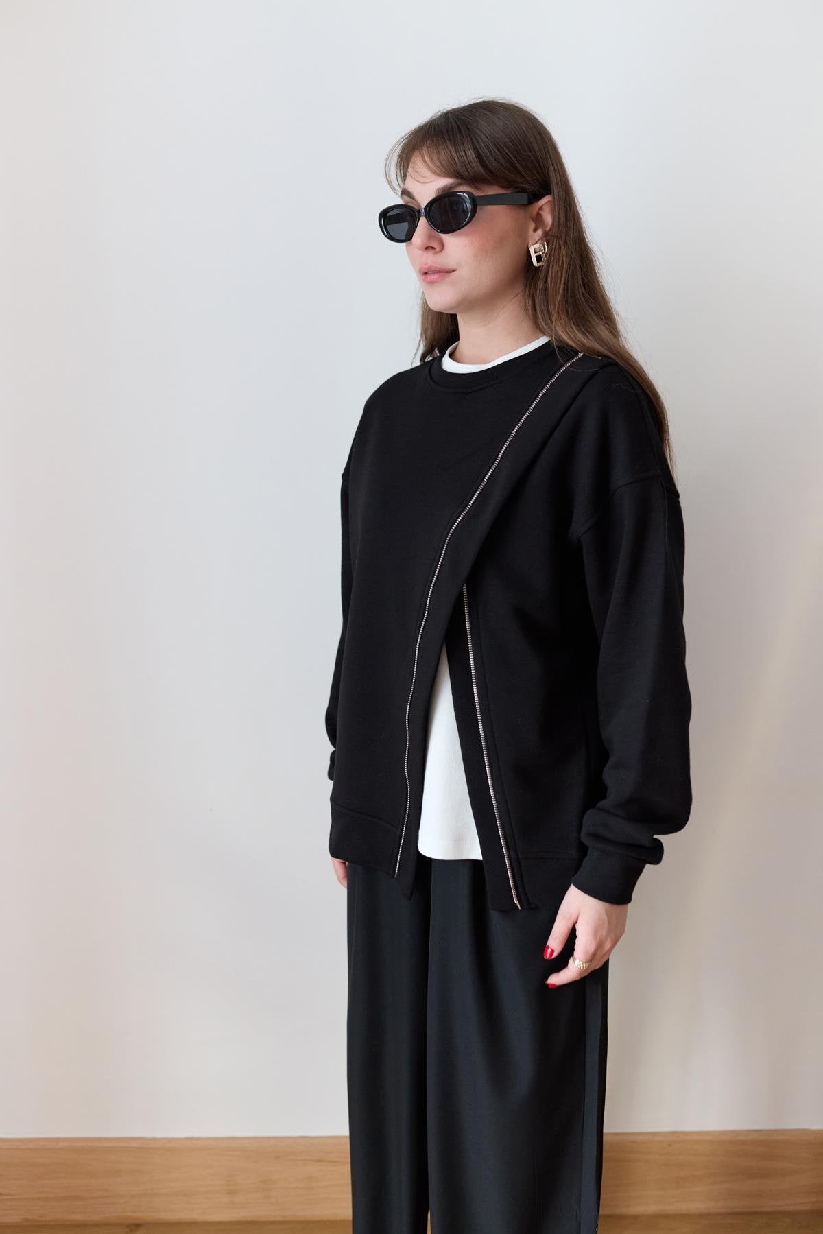 Black Melton Sweatshirt With Side Slit