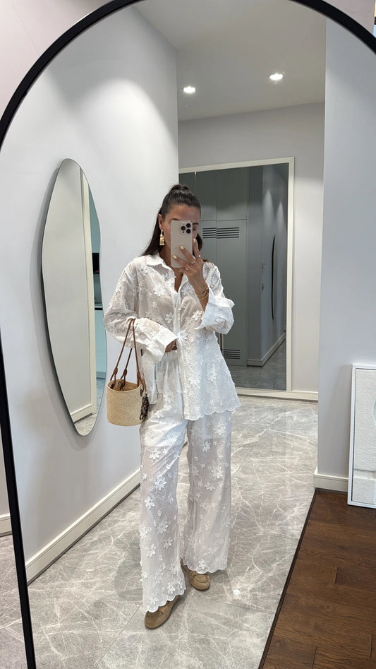White Embroidered Floral Shirt & Pants Set