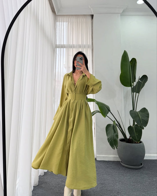 Pistage Belted Shirt Dress