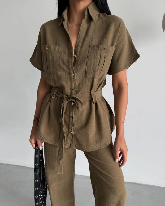 Olive Linen Belted Set With Pockets