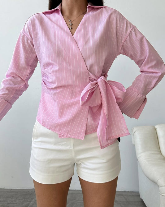 Striped Pink Tie Shirt With Side Belt (Petite Size)