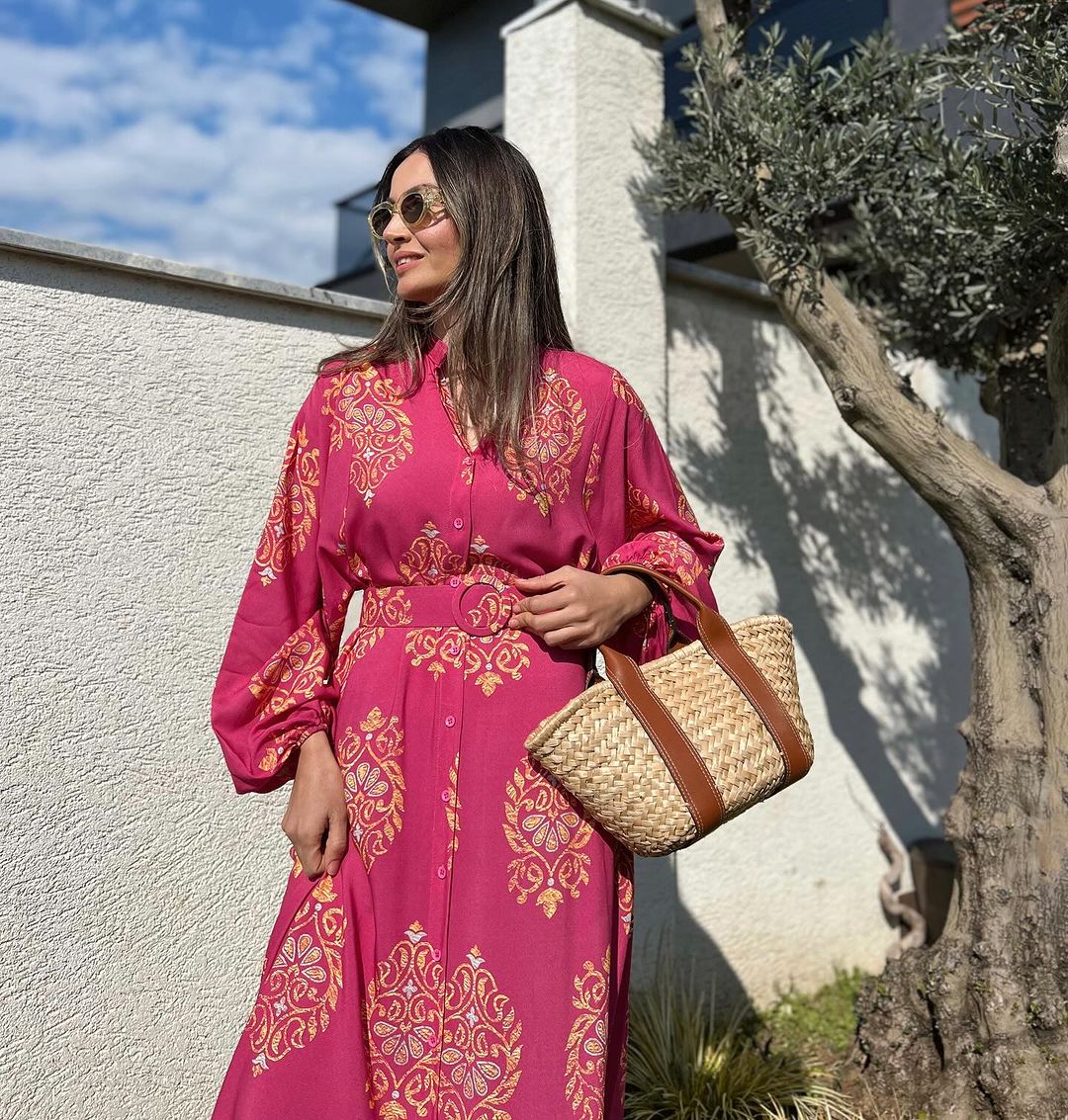 Pink X Golden Pattern Belted Dress