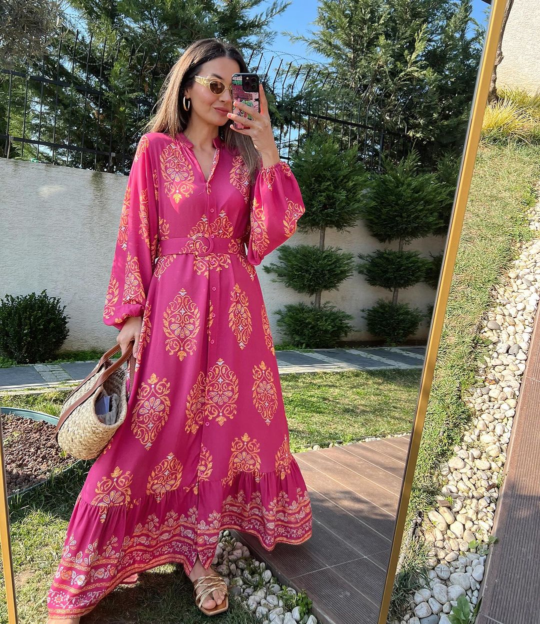 Pink X Golden Pattern Belted Dress