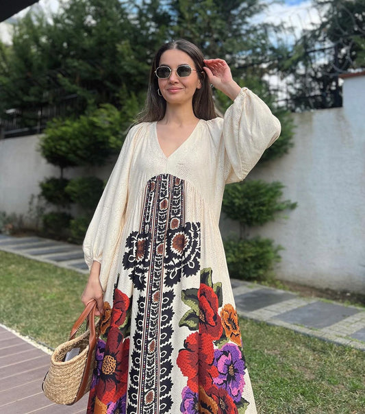 Floral Tapestry Beige V Neck Dress