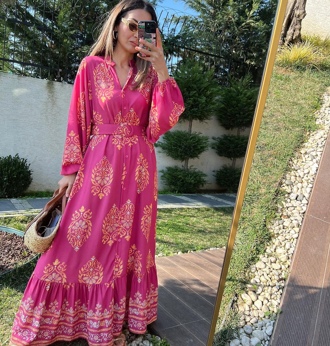 Pink X Golden Pattern Belted Dress