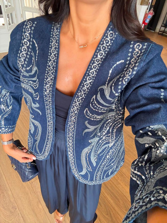Dark Blue Sequined Denim Jacket