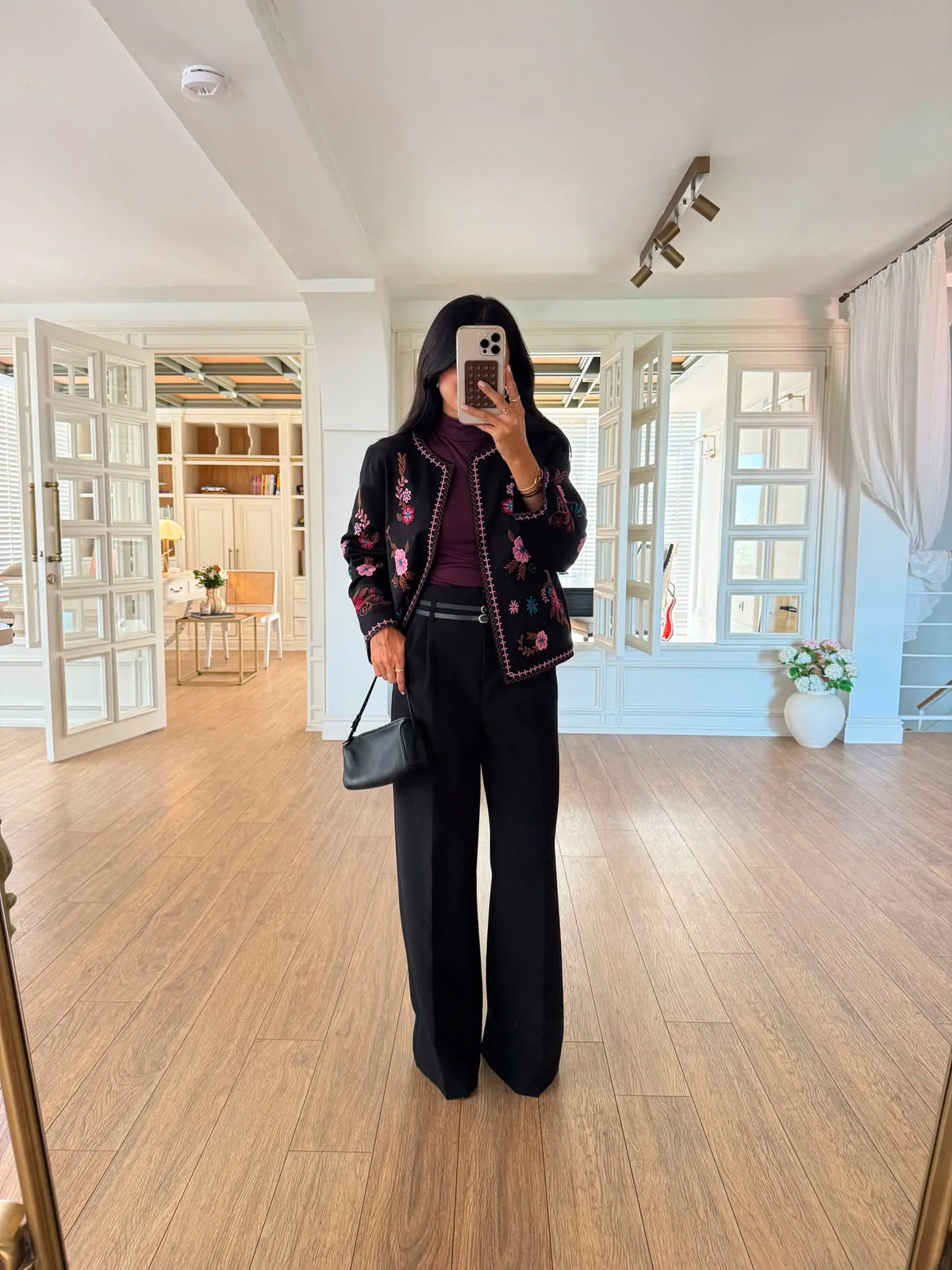 Black Pink Floral Embroidered Jacket