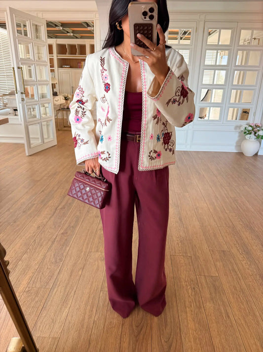 Off White Pink Floral Embroidered Jacket