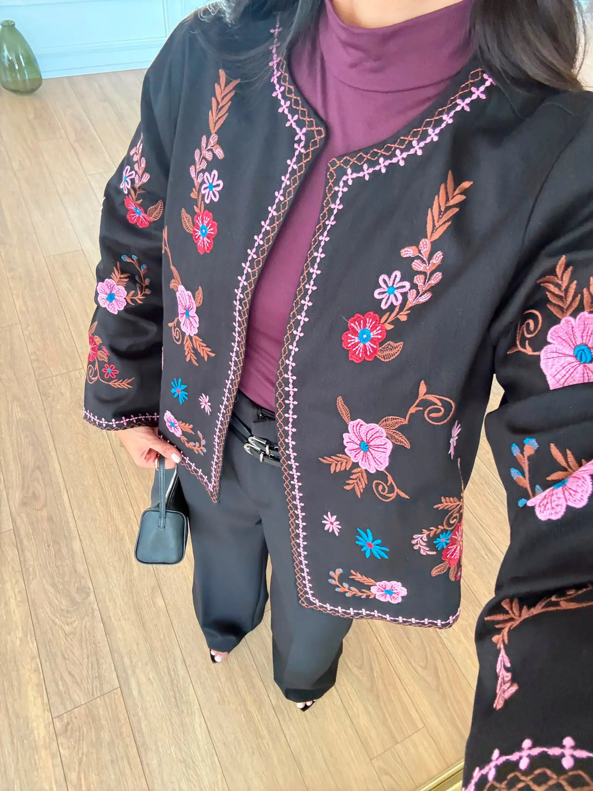 Black Pink Floral Embroidered Jacket