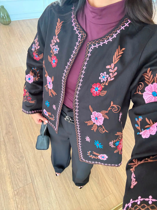 Black Pink Floral Embroidered Jacket