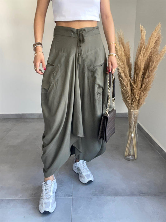Khaki-Olive Boho Wide Skirt With Tassels