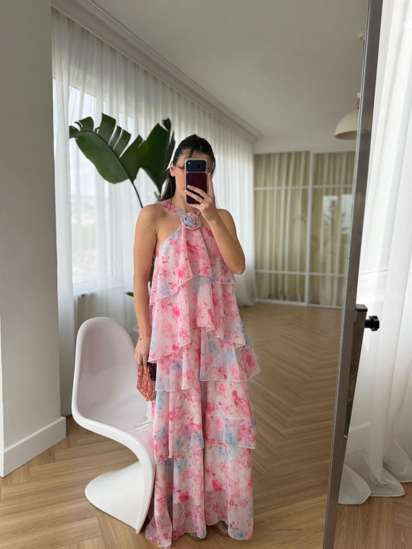 Pink Floral Chiffon Ruffles Dress