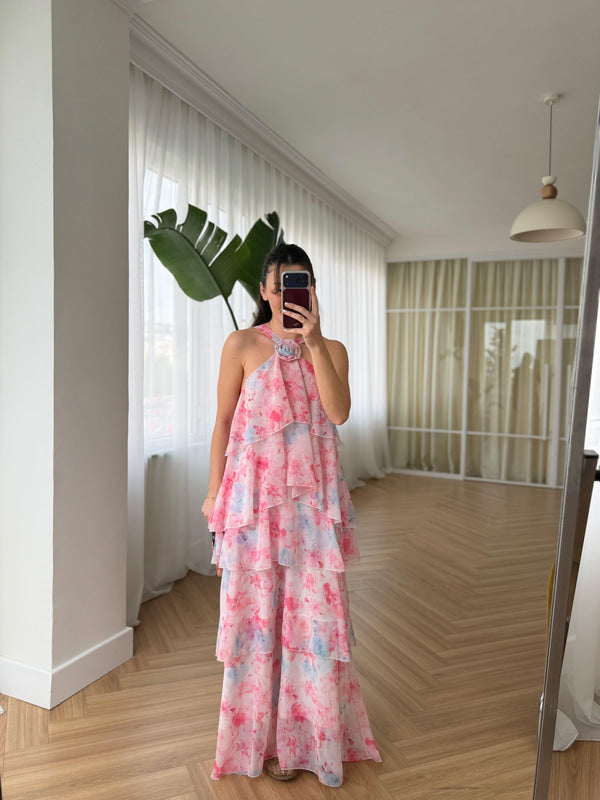 Pink Floral Chiffon Ruffles Dress