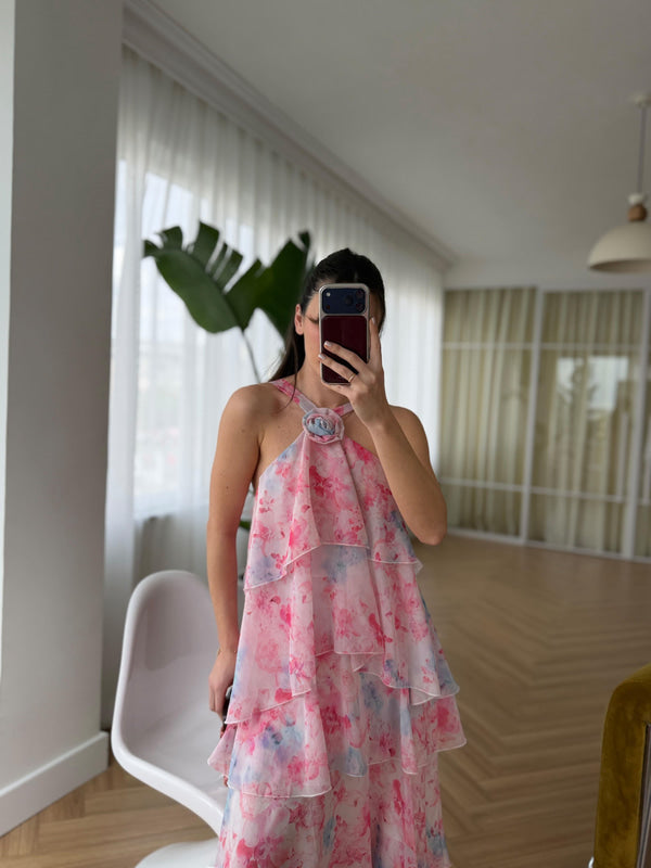 Pink Floral Chiffon Ruffles Dress