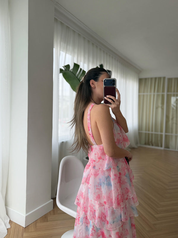 Pink Floral Chiffon Ruffles Dress