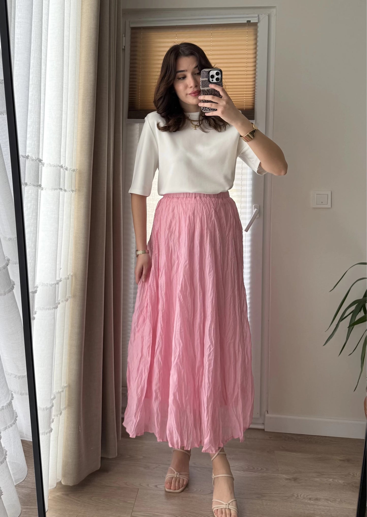 Pink Crinkled Cotton Inlined Skirt