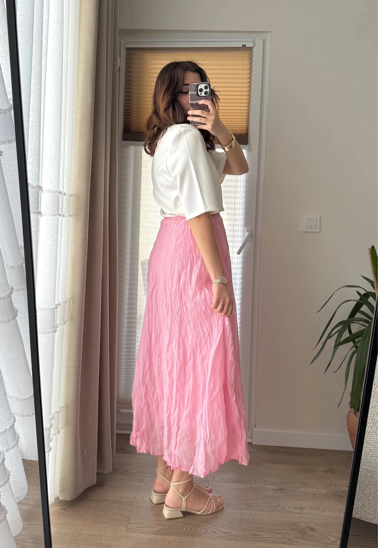 Pink Crinkled Cotton Inlined Skirt