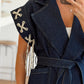 Dark Blue Denim Corded Vest Jacket With Belt & Pockets