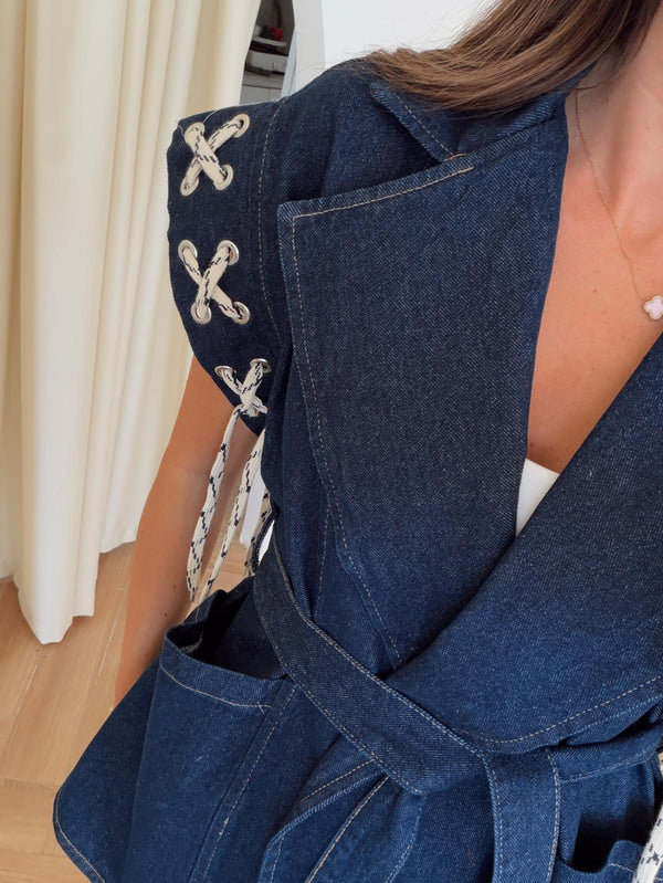 Dark Blue Denim Corded Vest Jacket With Belt & Pockets