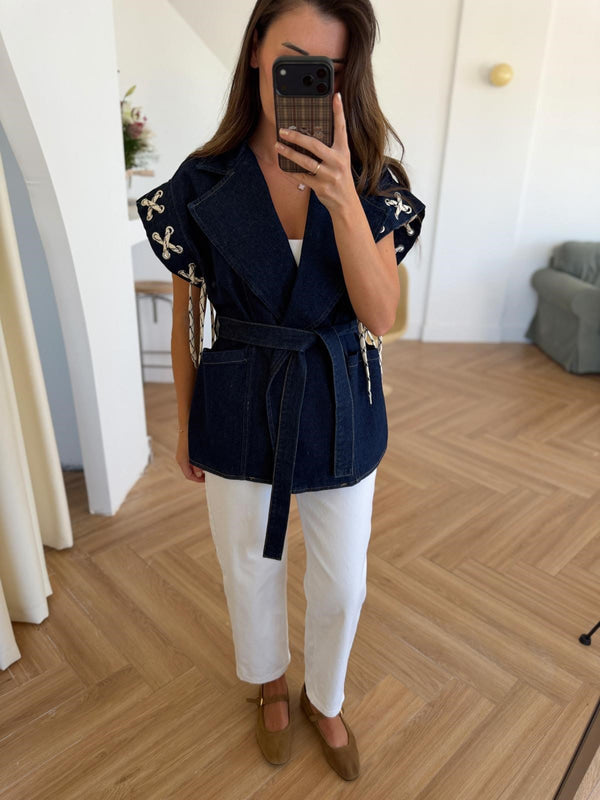 Dark Blue Denim Corded Vest Jacket With Belt & Pockets